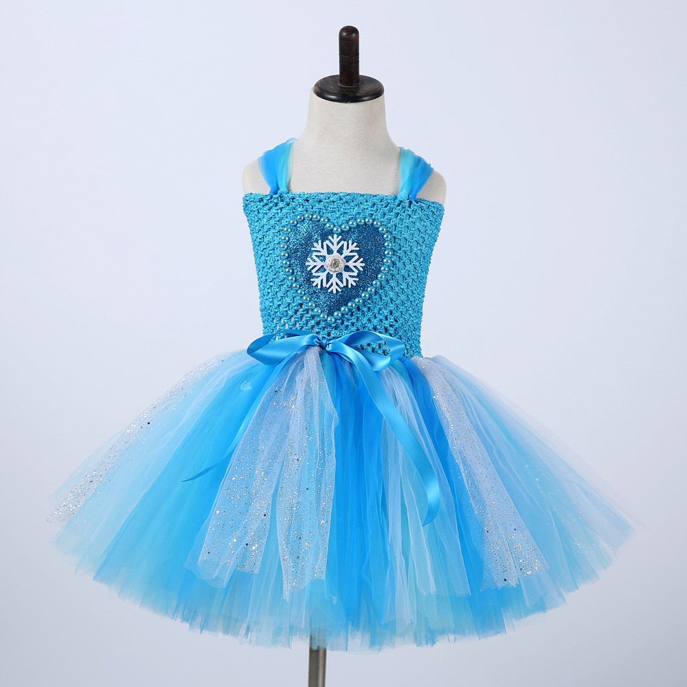 Blue Snow Queen Dress for Girls Cosplay Costume Halloween Kids Clothes Princess Elsa Dresses Fluffy Tutus with Crown Magic Stick
