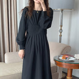 Gathered Elegant Vintage Dress Round Neck Long Sleeve A Line Casual Dress With Belt