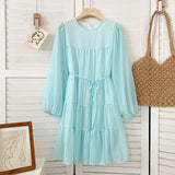 Women Chiffon Elegant Vintage Print Casual Dress Round Neck Long Sleeve Mini Dress With Belt