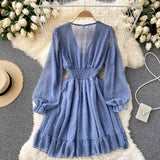 Ruffle Hem Chiffon Dress Spring Fall V Neck Long Sleeve Elastic Waist Casual Mini Dress