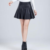 Vintage Faux Leather Women Korean High Waist School Pleated Mini Skirt