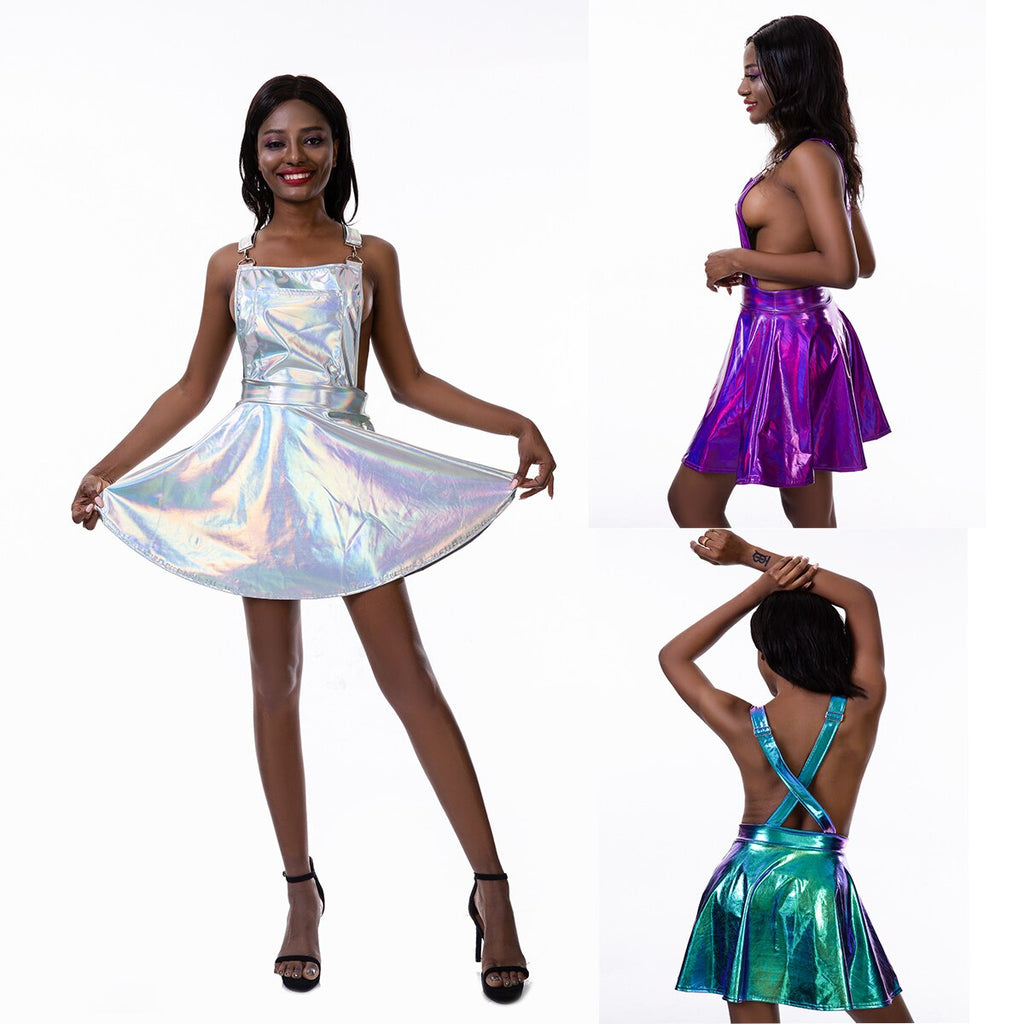 Women A Line Adjustable Straps Pleated Mini Overall Pinafore Dress Wet Look Clubwear Sexy Holographic Suspenders Dress