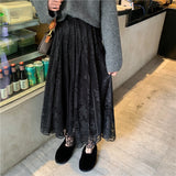 High Waist Vintage Lace Maxi Long Solid Color Pleated A-Line Elegant Summer Party Skirt