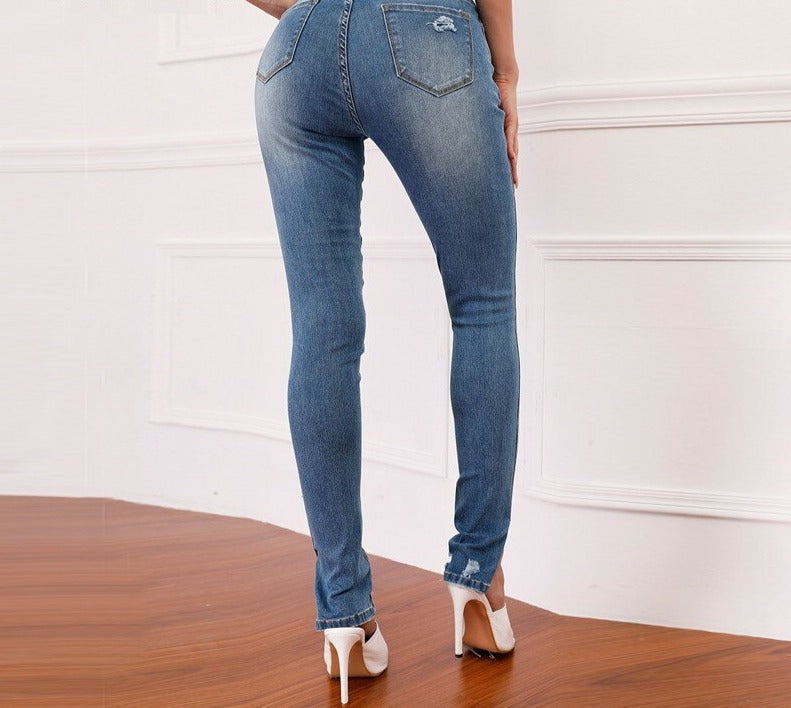 Women Ripped Jeans High Waist Button Fly Split Hem Skinny Denim Trousers Streetwear Fall Cotton Jeans