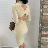 Long Sleeve High Neck Midi Knitted Dress Open Back Twist Sexy Ribbed Bodycon Dress