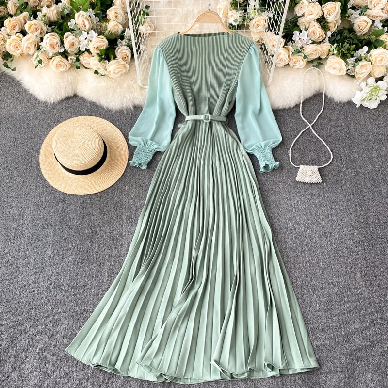 Woman Dress Elegant Office Lady Pleated Dress With Belt Round Neck Long Sleeve Long Dresses For Women Spring Autumn Clothing