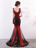 Sleeveless V-neck Evening Dress Black-Burgundy Mermaid Formal Party Dresses Shinning Sequins Floor-length Prom Gowns Backless