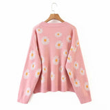 Autumn Winter Elegant Knitted Cardigan Kawaii Preppy Style Women Daisy Jacquard V Neck Loose Sweater Pull Femme Casual Coat Tops