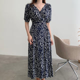 Korea Style Summer Print Floral Dress Women V Neck Short Sleeves Chiffon Bohemian Dresses Beach Midi Female Wrap Dress