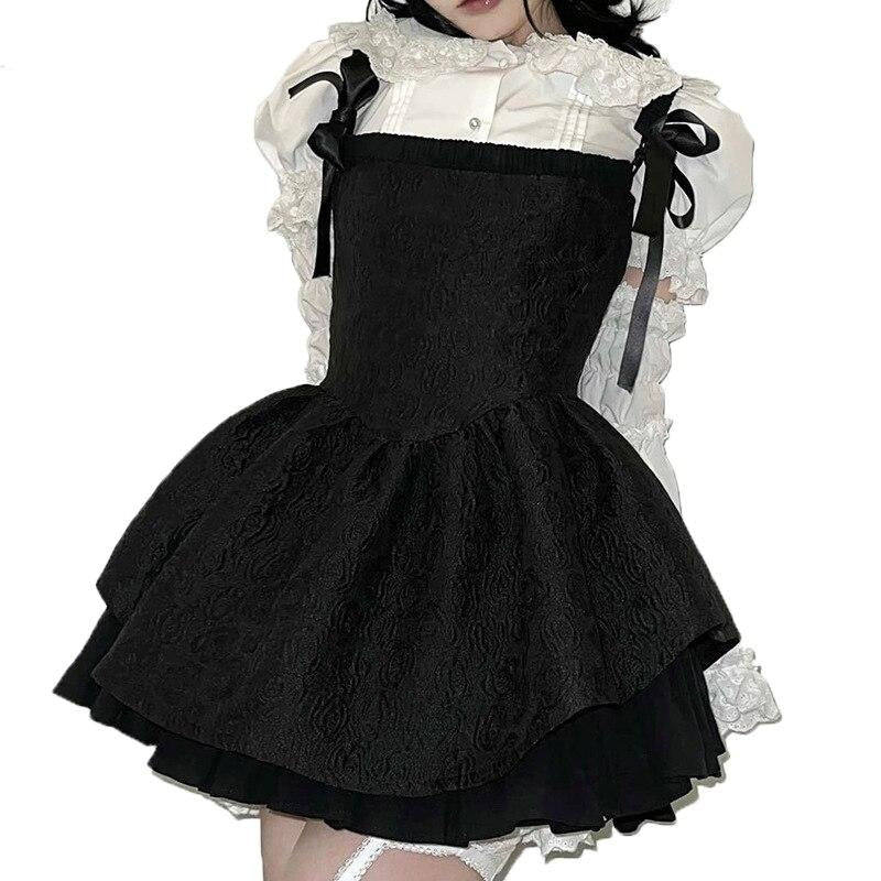 Black Mini Spaghetti Strap Women Dress Ruffle Cake Lolita Sundress Sleeveless Japanese Harajuku Student Sweet Kawaii Dresses