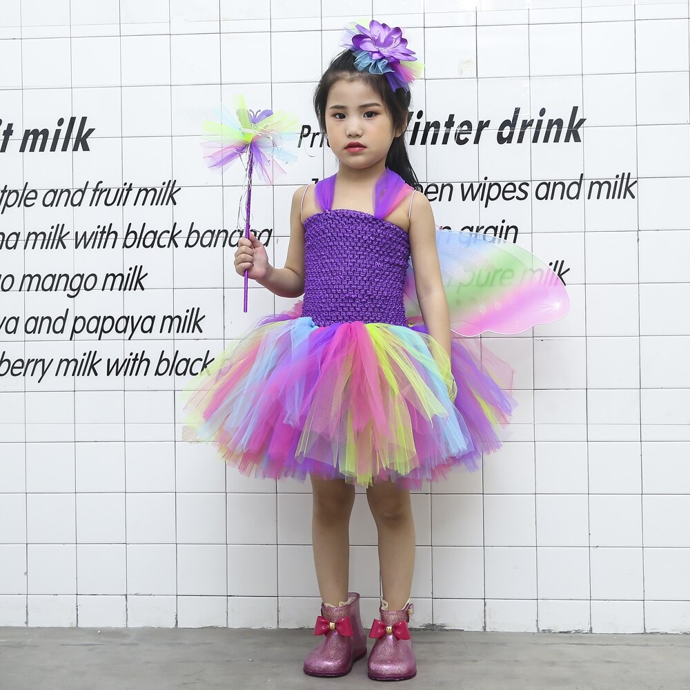 Rainbow Fairy Tutu Dress for Girls Kids Halloween Costumes with Butterfly Wings Princess Dresses Outfit for Birthday Party Gifts