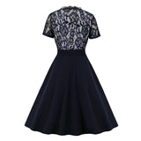 2021 V Neck Short Sleeve Floral Lace Women Elegant Patchwork Dress Navy Blue A-Line Vintage Female Summer Knee-Length Dresses