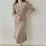 Cross V Neck Long Sleeve Knitted Dress Autumn Winter Solid Chic Elegant Sexy Midi Dress