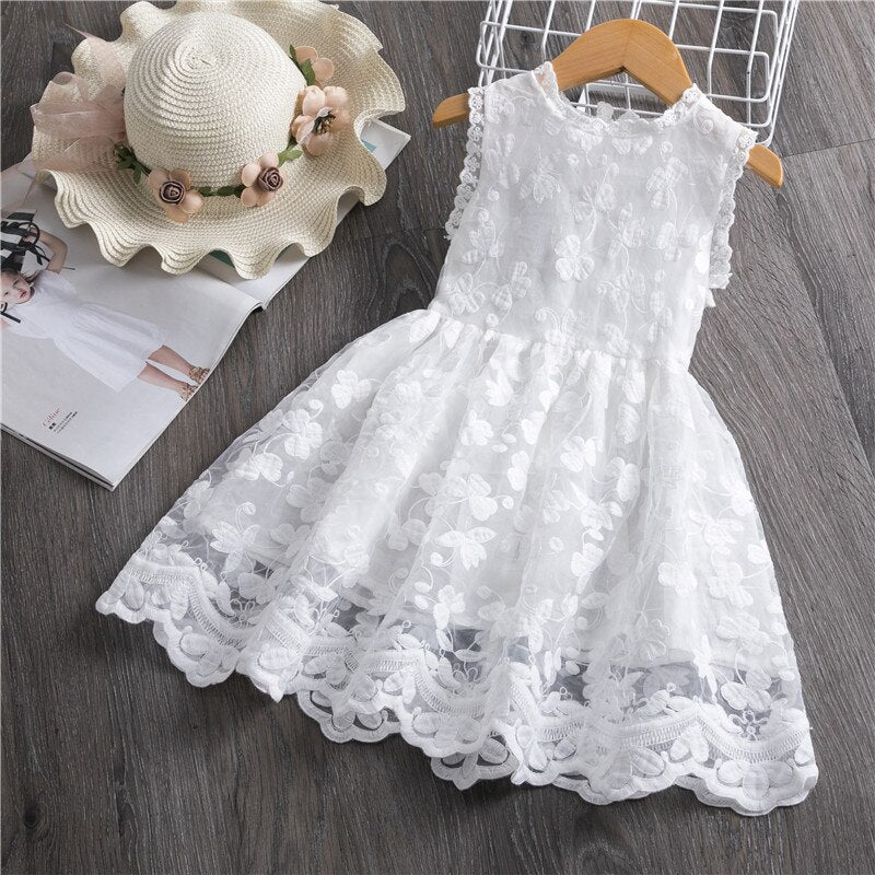 Summer Lace Girls Dresses For Kids Birthday Flower Embroidery Sleeveless Party Frocks Children Clothes Wedding Elegant Ball Gown