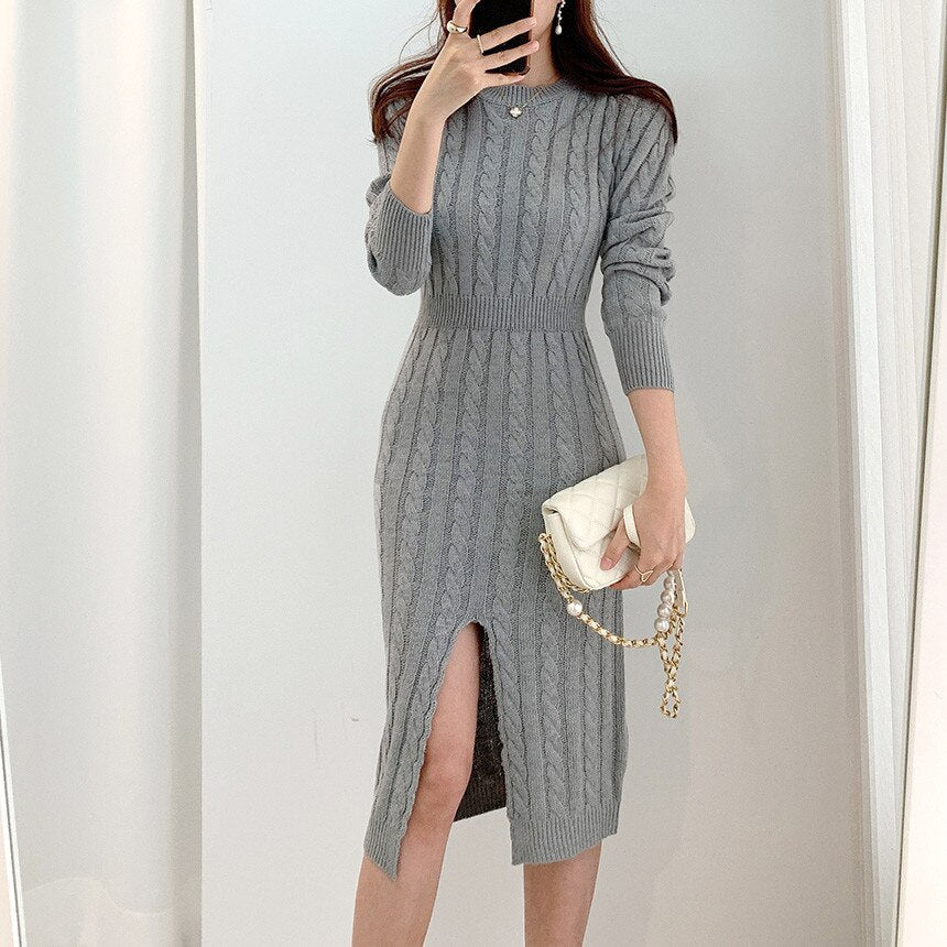 Casual O-Neck Cable Knitted Sweater Dress Winter Long Sleeve Elegant Front Slit Sexy Bodycon Dress