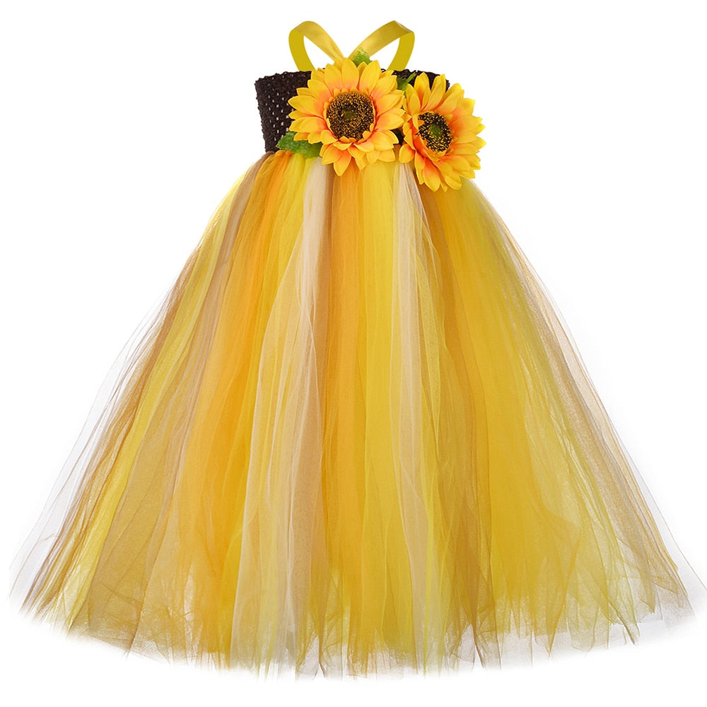 Sunflower Long Dress for Girls Pumpkin Scarecrow Costume for Kids Thanksgiving Halloween Costumes Girl Tutu Dresses Ankle Length