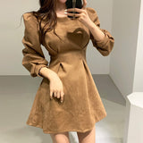 Vintage Faux Suede Dress Autumn Winter Casual Crew Neck Long Sleeve Mini Dress