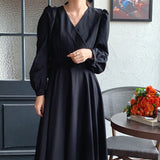 Elegant Office Lady Belted Faux Wrap Dress V Neck Long Sleeve Vintage Midi Dress