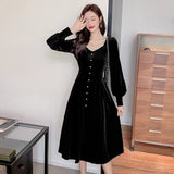 Women Chic Square Collar Dresses Vintage A-Line Vestidos Elegant Lantern Sleeve Female Party Dress