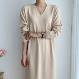 Solid Elegant Knitted Dress Autumn Winter V Neck Long Sleeve Casual Loose Midi Dress