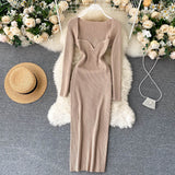 Strapless Ribbed Knitted Bodycon Dress Women Winter Long Sleeve Midi Sweater Dress Clothes