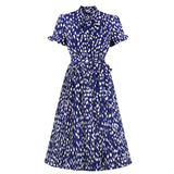 Short Sleeve Bow Neck Button Belt Blue Print Elegant Pleated Dress Party Streetwear