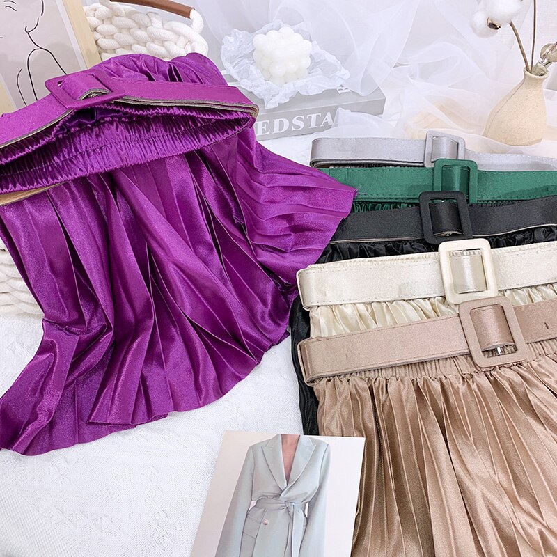 Women Shimmer Satin Midi Long Pleated Skirt With Belt Elastic High Waist Casual Skirts