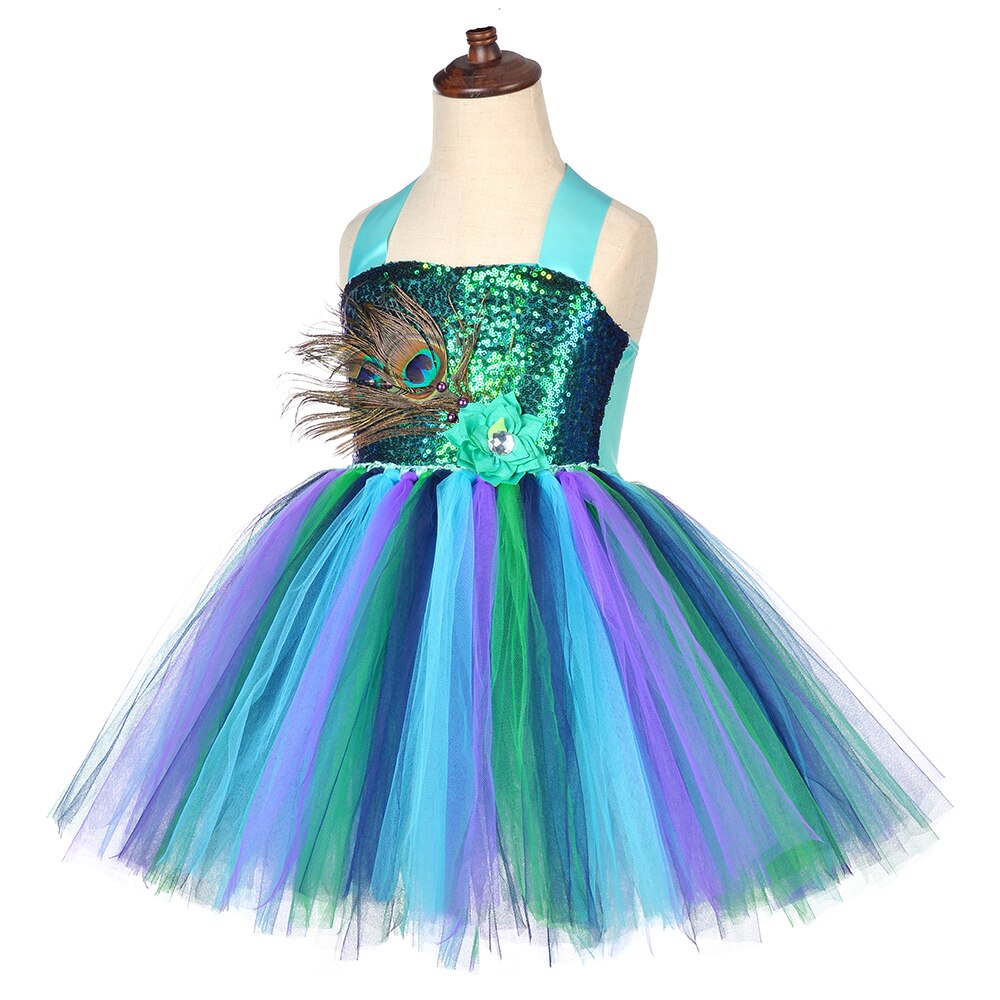 Bling Sequins Peacock Dresses for Girls Party Costume Tutu Dress with Feather Flower Princess Clothes for Kids Halloween Gifts