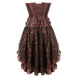 Steampunk Floral Corset Dress Women Gothic PU Leather Corset Bustier With Burlesque Skirt Set Halloween Pirate Costume Brown