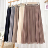 Women Long Tulle Pleated Skirt Spring Summer Elastic High Waist Elegant Mesh Midi Skirt