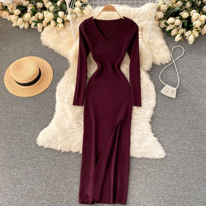 Autumn Winter Midi Dresses For Women Elegant V Neck Long Sleeve Ribbed Knitted Dress With Slit Sexy Bodycon Dress