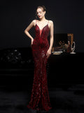 Sexy Backless V Neck Cocktail Dress Sleeveless Suspender Party Dress Floor Length Sequins Mermaid Robes Women Vestidoes New