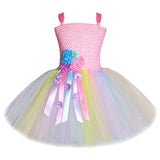 Pink Pastel Flower Girl Unicorn Dress Kids Tutu Costume Outfit for Halloween Birthday Party Princess Dresses with Horns Headband