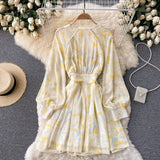 Tie Dye Printed Elegant Chiffon Dress Front Buttons Deep V Neck Long Sleeve Mini Dress