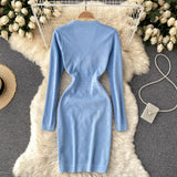 Autumn Winter Long Sleeve Office Elegant Knitted Dress Women Button Embellished Deep V Neck Sexy Mini Bodycon Dress