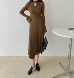 Fall Winter Sexy Cut Out Mock Neck Casual Sweater Dress Flare Sleeve Chic Knitted Elegant Midi Dress