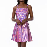 Glitter Laser Hologram A-line Gradient Color Sexy Backless Sleeveless Mini Dress