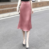 Elegant Office Long Women Midi High Waisted Vintage Silk Satin Korean Style OL Slim Ladies Midi Skirts