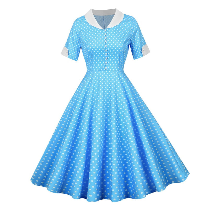 Button Front Polka Dot Vintage High Waist Elegant Dress Women V Neck Short Sleeve Casual Retro Swing Dresses
