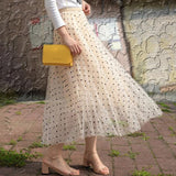 Long Women Korean Polka Dot High Waist Mesh Pleated Skirt