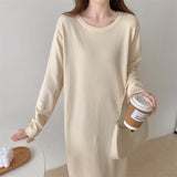 Crew Neck Long Sleeve Basic Casual Knitted Dress Fall Winter Side Slit Elegant Loose Midi Dress