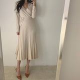 V Neck Long Sleeve Elegant Pleated Midi Dress Warm Knitted Sweater Dress Belted Woman Clothes