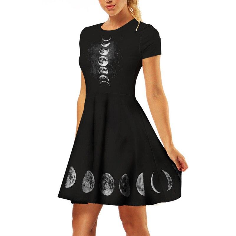 2023 New arrival Women Street Black Dress Fashion 3D Moon Star Print Short Sleeve Female Gothic Punk Dress Harajuku Mini Dresses