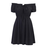 Black Off Shoulder Mini Dress Gothic Bandage High Waist Pleated Vestidos Harajuku Casual Short Sleeve Lace Up Punk Skater