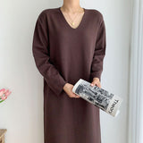 Solid Elegant Knitted Dress Autumn Winter V Neck Long Sleeve Casual Loose Midi Dress