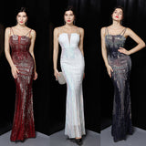 Slash Neck Sleeveless Shinning Sequin Sexy Mermaid Cocktail Dress Women Formal Full Length Stretch Slim Party Prom Gowns