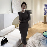 Elegant Turtleneck Skinny Women Dress 2021 Autumn Winter Knitted Bodycon Dress Midi Female Sweaters Vestidos