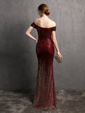 Sexy Backless Off Shoulder Evening Dress Slim Slash Neck Sequins Formal Party Gown Side Split Women Vestidoes New