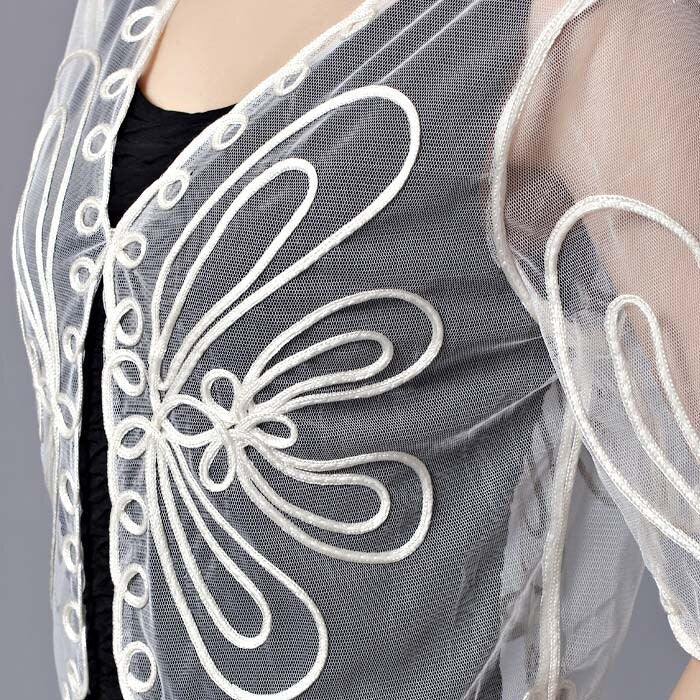 Vintage White Crochet Lace Mesh Cardigan Femme Half Sleeve V Collar Gauze Embroidery Floral Short Shrug Sunscreen Thin Jacket
