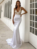 V Neck Sleevless Party Dress Sexy Trailing Backless Evening Dress Slim Wrap Robe